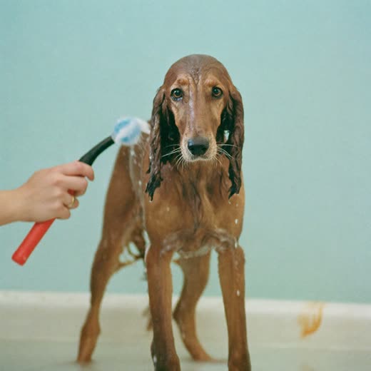 A spaniel being bathed and lathered